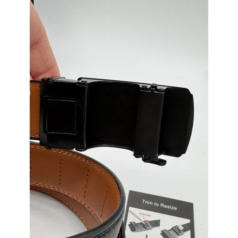 BULLIANT Mens Ratchet Belt Black Leather Adjustable Automatic Slide Buckle New